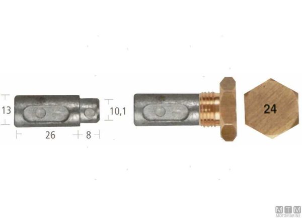 Barrotto con tappo Ø13-10,1 x 26+8 mm. Zinco Anodo