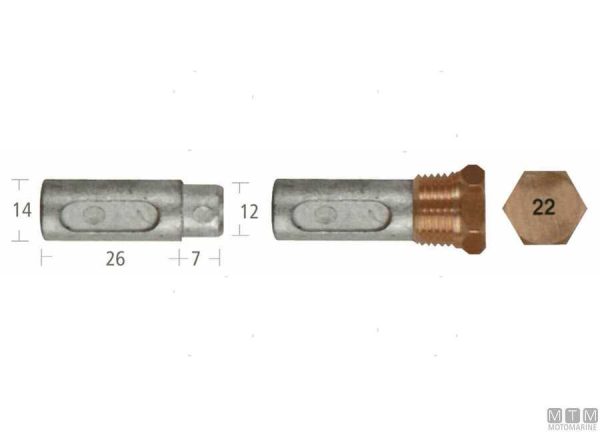 Barrotto con tappo Ø14-12 x 26+7 mm. zinco anodo